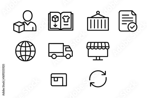 Dropshipping Icon Set. Outline icon set of dropshipping business: supplier icon, product catalog, shipping