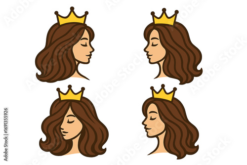 Set of beautiful queen profile portraits. Young woman with brown hair wearing a golden crown. Princess character icon collection. Vector logo for beauty, spa, or fashion brand.