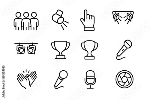 Reality TV Icon Set. Outline icon set of reality TV shows: contestants, spotlight, voting hand, stage lights,