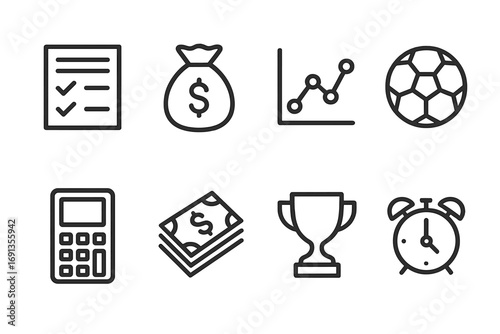 High Stakes Betting Icons. Outline icon set of high stakes betting: betting slip, money bag, odds chart, sports ball, betting