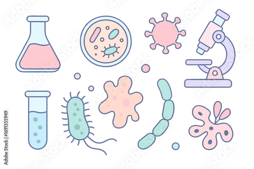 Scientific lab equipment and microbiology elements in soft pastel vector cartoon illustration with test tubes, microscope, bacteria, virus, petri dish and microbes set on transparent background