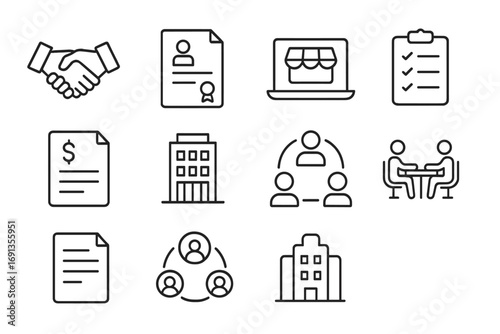 B2B Icons Grid. Outline icon set of B2B online business: handshake, contract document, business laptop, supply