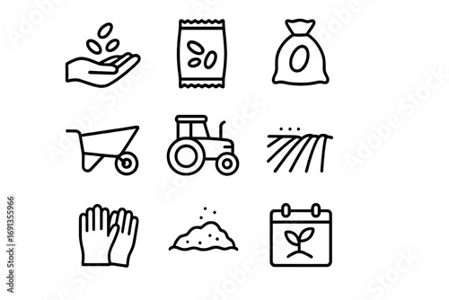 Seed Distribution Icons. Outline icon set of Human-mediated seed distribution: hand, seed packet, bag,