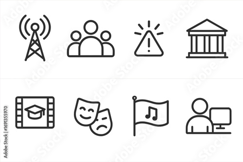 Public Service Icons. Outline icon set of public service broadcasting: radio tower, community icon, emergency