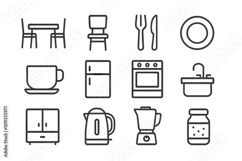 Kitchen Icons Set. Outline icon set of Kitchen and dining spaces: dining table, chair, cutlery, plate, cup,