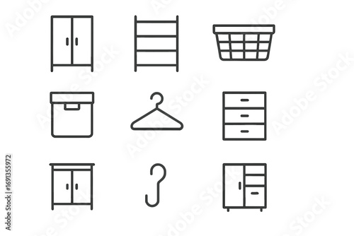 Storage Icon Set. Outline icon set of Storage and organization: wardrobe, shelf, basket, box, hanger, drawer,