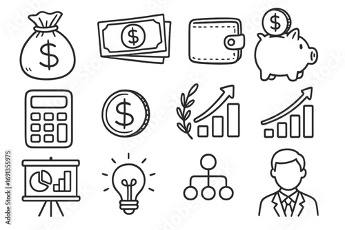 Hand-drawn finance icon set with money bag, wallet, coins, piggy bank, calculator, growth charts, light bulb idea, organization chart, and business person in suit, vector cartoon illustration