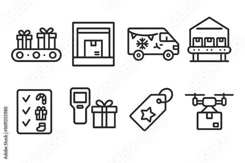 Holiday Delivery Icons. Outline icon set of holiday delivery logistics: conveyor belt with gifts, loading dock, courier van with