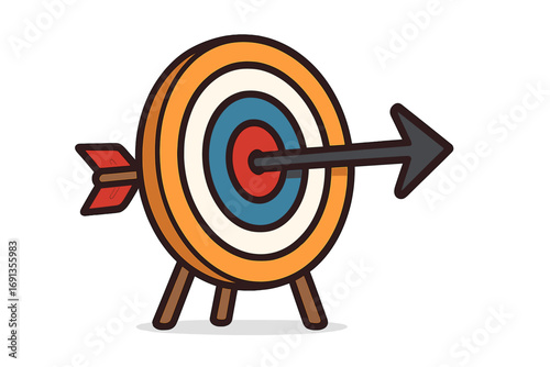 Arrow hitting the center of a target. Business concept of success, goal achievement, and marketing strategy. Vector illustration of a bullseye for accuracy and focus. Archery sport icon.