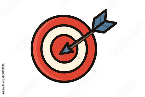 Bullseye dart arrow hit in the center of a target. Business goal success concept. Marketing strategy achievement. Accurate shot. Vector cartoon illustration for logo design.