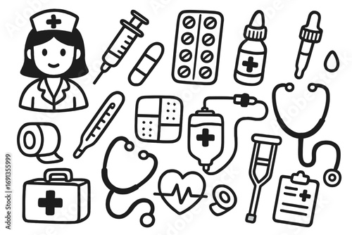 Healthcare doodle icons nurse tools and medical equipment set. Vector cartoon illustration with stethoscope, syringe, pills, thermometer, bandages, crutch, and first aid kit on transparent background.