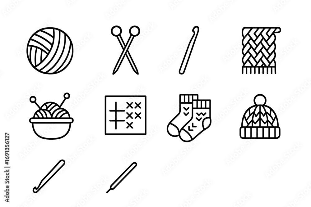 Obraz premium Knitting Icons Collection. Outline icon set of knitting and crochet: yarn ball, knitting needles, crochet hook