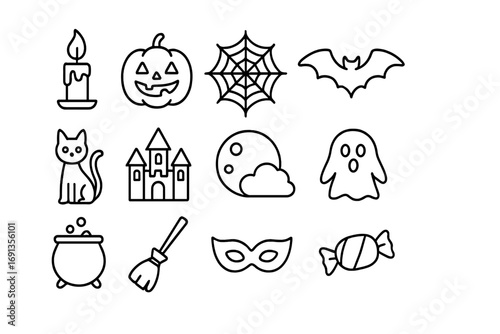 Halloween Icon Set. Outline icon set of Halloween night celebration: candle, pumpkin lantern, spider web, bat,