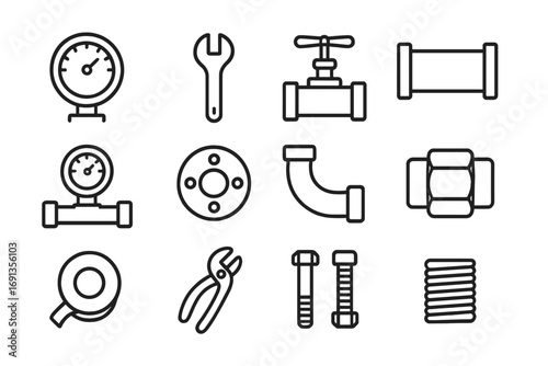 Pipe Inspection Icons. Outline icon set of Pipe inspection and testing: gauge, wrench, valve, pipe, pressure
