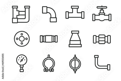 Plumbing System Icons. Outline icon set of Plumbing system layout: pipes, elbows, tees, valves, flanges,