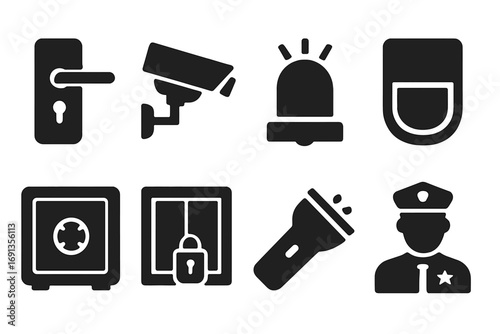 Home Security Icons. Solid, filled icon set of home security: door lock, security camera, alarm system, motion detector, safe,