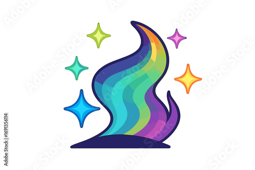 Magical rainbow aurora borealis logo with glowing stars. Vector cartoon illustration. Abstract northern lights swirl icon design for fantasy concepts. Colorful vibrant wave.