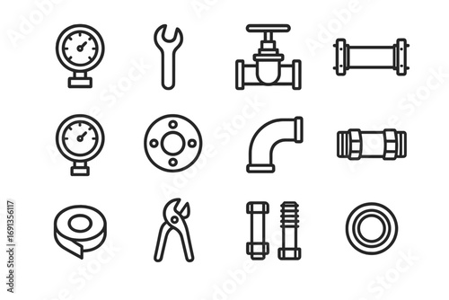 Pipe Inspection Icons. Outline icon set of Pipe inspection and testing: gauge, wrench, valve, pipe, pressure