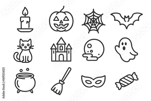 Halloween Icon Set. Outline icon set of Halloween night celebration: candle, pumpkin lantern, spider web, bat,