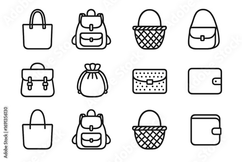 Handmade Bags Icons. Outline icon set of handmade bags: tote bag, fabric backpack, woven basket, crossbody bag