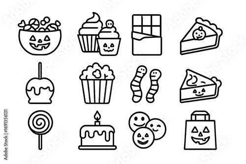 Halloween Party Treats. Outline icon set of Halloween party food: candy bowl, cupcakes, chocolate, caramel,