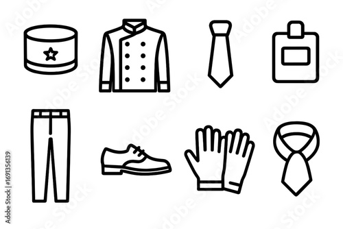 Hotel Uniform Icons. Outline icon set of hotel uniform: bellhop cap, jacket, tie, name badge, pants, shoes, gloves, scarf. Line