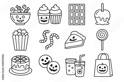 Halloween Party Treats. Outline icon set of Halloween party food: candy bowl, cupcakes, chocolate, caramel,