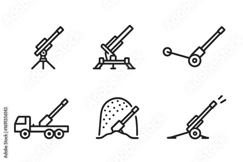 Howitzer Icon Set. Outline icon set of howitzer positioning: tripod, mount, stabilizers, towing hitch, transport vehicle,
