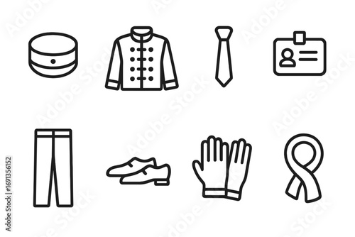 Hotel Uniform Icons. Outline icon set of hotel uniform: bellhop cap, jacket, tie, name badge, pants, shoes, gloves, scarf. Line