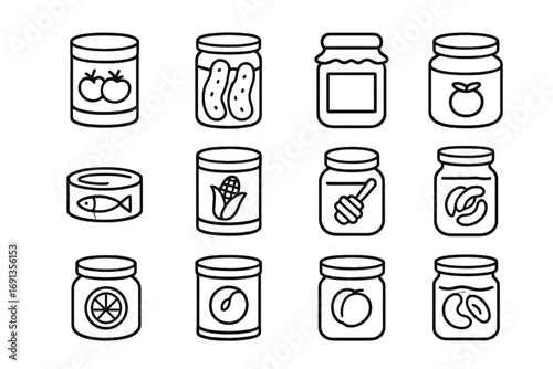 Canned Food Icons. Outline icon set of canned and preserved foods: canned tomatoes, pickle jar, jam jar, tuna