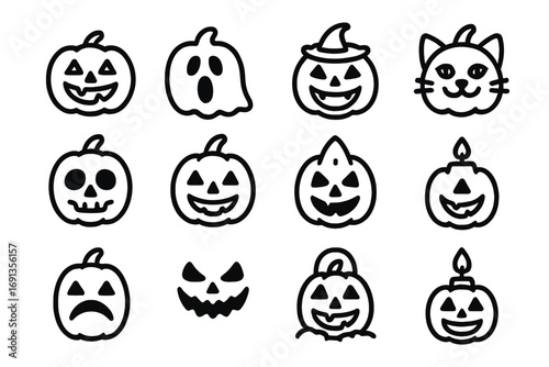 Halloween Pumpkin Icons. Outline icon set of Halloween pumpkin designs: jack-o-lantern, ghost pumpkin, vampire