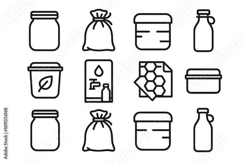 Eco-Friendly Pantry Icons. Outline icon set of eco-friendly pantry storage: reusable jar, cloth bag, bamboo