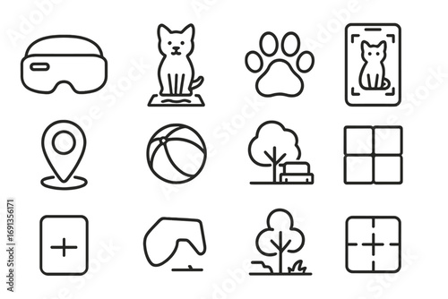 Augmented Reality Pet Icons. Outline icon set of augmented reality pets: AR headset, pet hologram, virtual