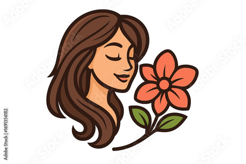Beautiful woman face profile with long hair smelling a flower. Beauty salon, spa, cosmetics logo concept. Feminine care, wellness, and natural organic product icon.