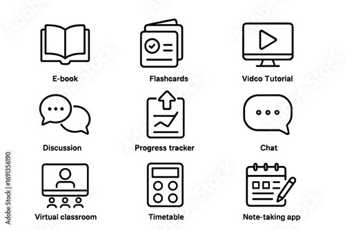 Educational App Icons. Outline icon set of Educational apps icons: e-book, quiz, flashcards, video tutorial,