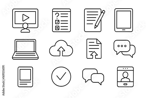 E-Learning Tools Icons. Outline icon set of E-learning course tools: video lecture, online quiz, digital notes