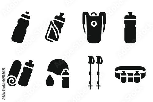 Hydration Sports Gear Icons. Solid, filled icon set of hydration sports gear: running bottle, cycling water cage, hiking hydration