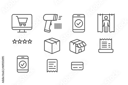 Digital Retail Icons. Outline icon set of digital retail: online shopping cart, barcode scanner, mobile