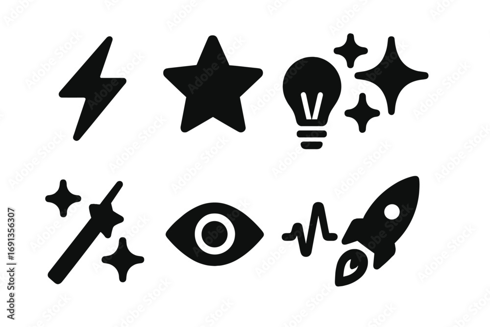 Fototapeta premium Idea Icon Set. Solid, filled icon set of idea symbols: lightning bolt, star, bulb filament, sparkles, magic wand, eye, brainwave,