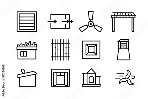 Passive Cooling Icons. Outline icon set of passive cooling and ventilation: louvered windows, cross