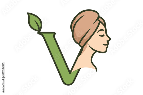 Letter V logo with woman face. Beauty spa, natural cosmetics, organic skincare icon. Feminine character for wellness, health, salon, relaxation. Vegan concept vector.