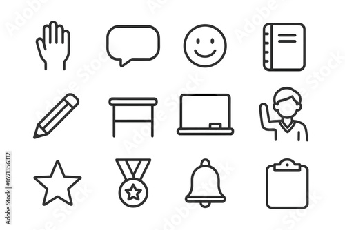 Classroom Icons Set. Outline icon set of Encouraging classroom participation: raised hand, speech bubble,
