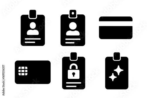 Identification Badge Icons. Solid, filled icon set of identification badges: photo ID, ID card, barcode badge, magnetic stripe