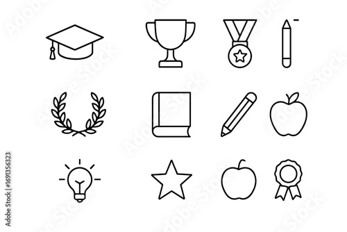Academic Icons Grid. Outline icon set of Academic excellence: graduation cap, trophy, medal, certificate,