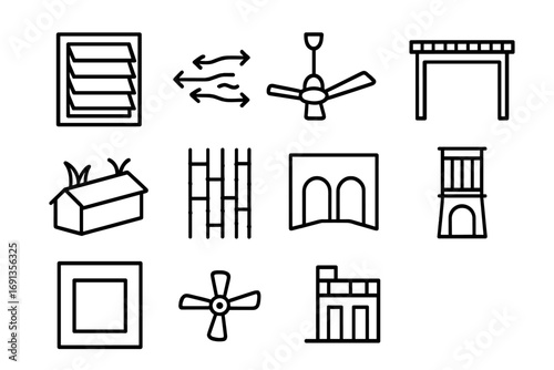 Passive Cooling Icons. Outline icon set of passive cooling and ventilation: louvered windows, cross