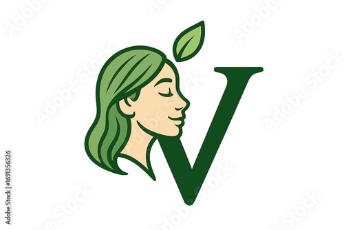 Beauty spa logo with letter V and woman face. Natural cosmetics icon. Vegan brand emblem. Organic, healthy lifestyle concept. Green leaf. Profile of beautiful girl. Vector.