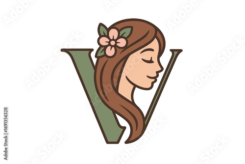 Letter V logo with woman's face and flower. Vector icon for beauty salon, spa, cosmetics. Feminine concept for wellness, hair care, skincare, dermatology, natural products.