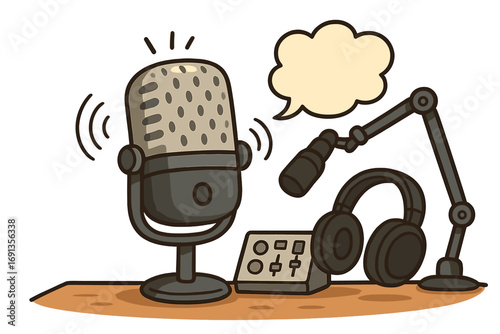 Podcast recording studio concept. Vector cartoon illustration with microphone character, headphones, audio mixer for broadcasting, streaming, or radio talk show. Live interview.