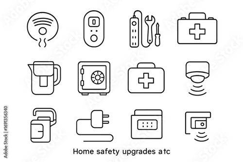 Home Safety Icons. Outline icon set of home safety upgrades: smoke detector, carbon monoxide alarm, surge