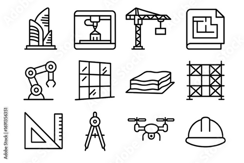 Futuristic Architecture Icons. Outline icon set of Futuristic architecture design: futuristic building, 3D